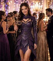 A woman in a purple gothic fantasy costume stands in a decorated ballroom holding a masquerade mask. The dress features a structured corset bodice with cutouts, layered armor-style panels, and a high-low skirt.
