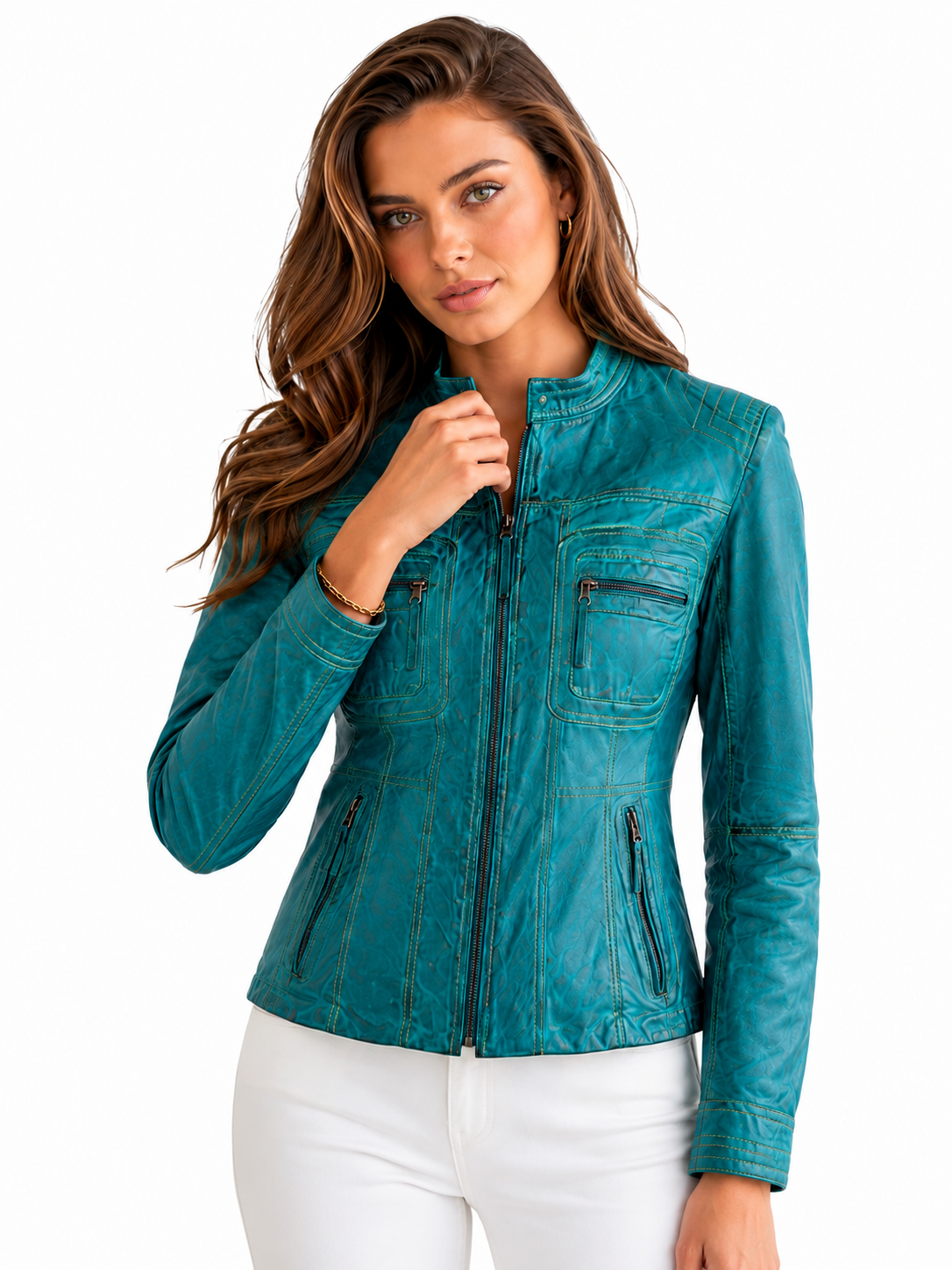 HAMS™ Women's Genuine Cow Leather Stand Collar Jacket | Premium Turquoise Leather Jacket