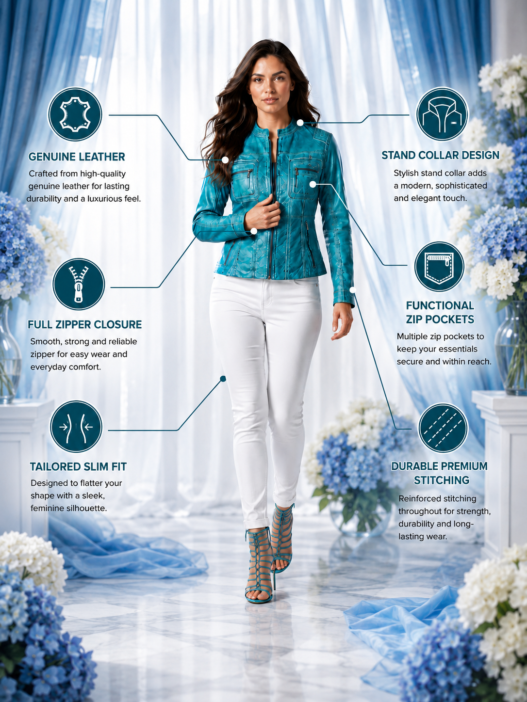 HAMS™ Women's Genuine Cow Leather Stand Collar Jacket | Premium Turquoise Leather Jacket