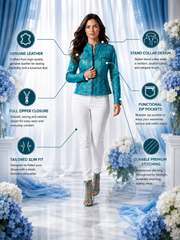HAMS™ Women's Genuine Cow Leather Stand Collar Jacket | Premium Turquoise Leather Jacket