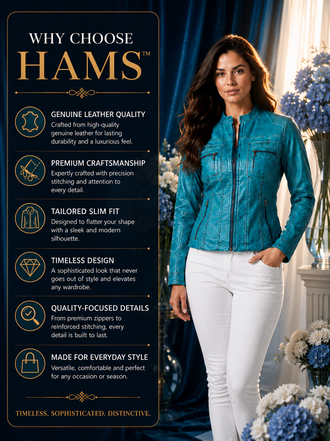 HAMS™ Women's Genuine Cow Leather Stand Collar Jacket | Premium Turquoise Leather Jacket