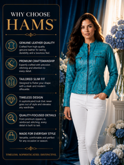 HAMS™ Women's Genuine Cow Leather Stand Collar Jacket | Premium Turquoise Leather Jacket