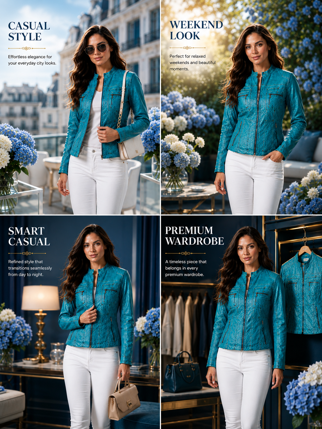 HAMS™ Women's Genuine Cow Leather Stand Collar Jacket | Premium Turquoise Leather Jacket