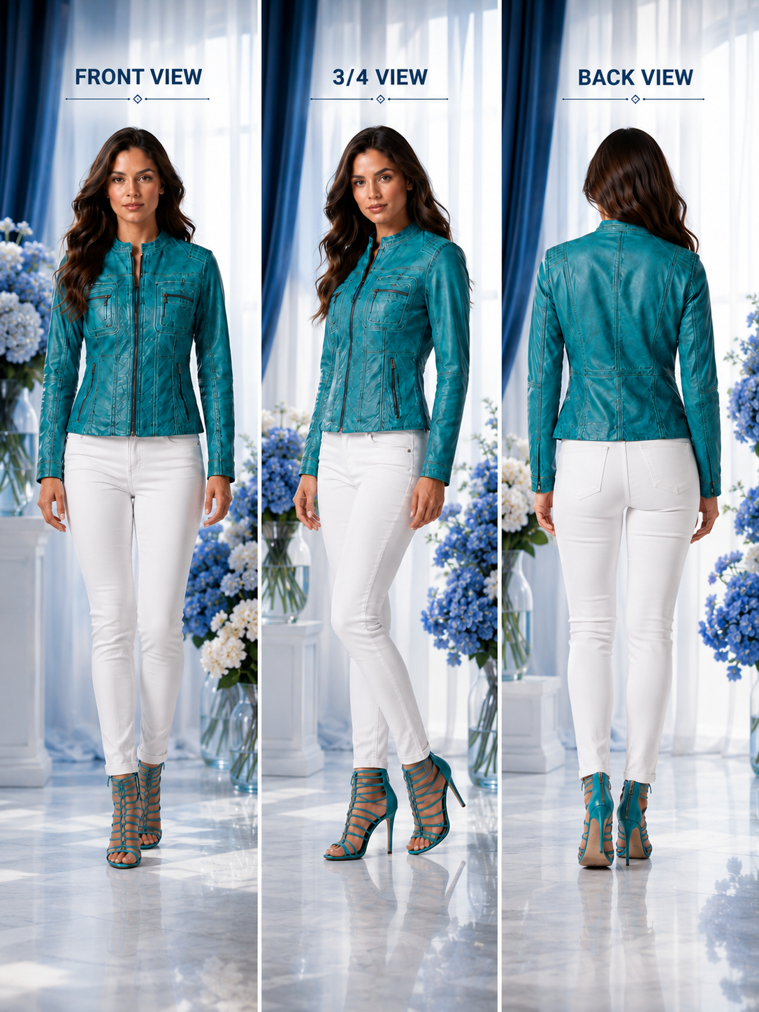 HAMS™ Women's Genuine Cow Leather Stand Collar Jacket | Premium Turquoise Leather Jacket