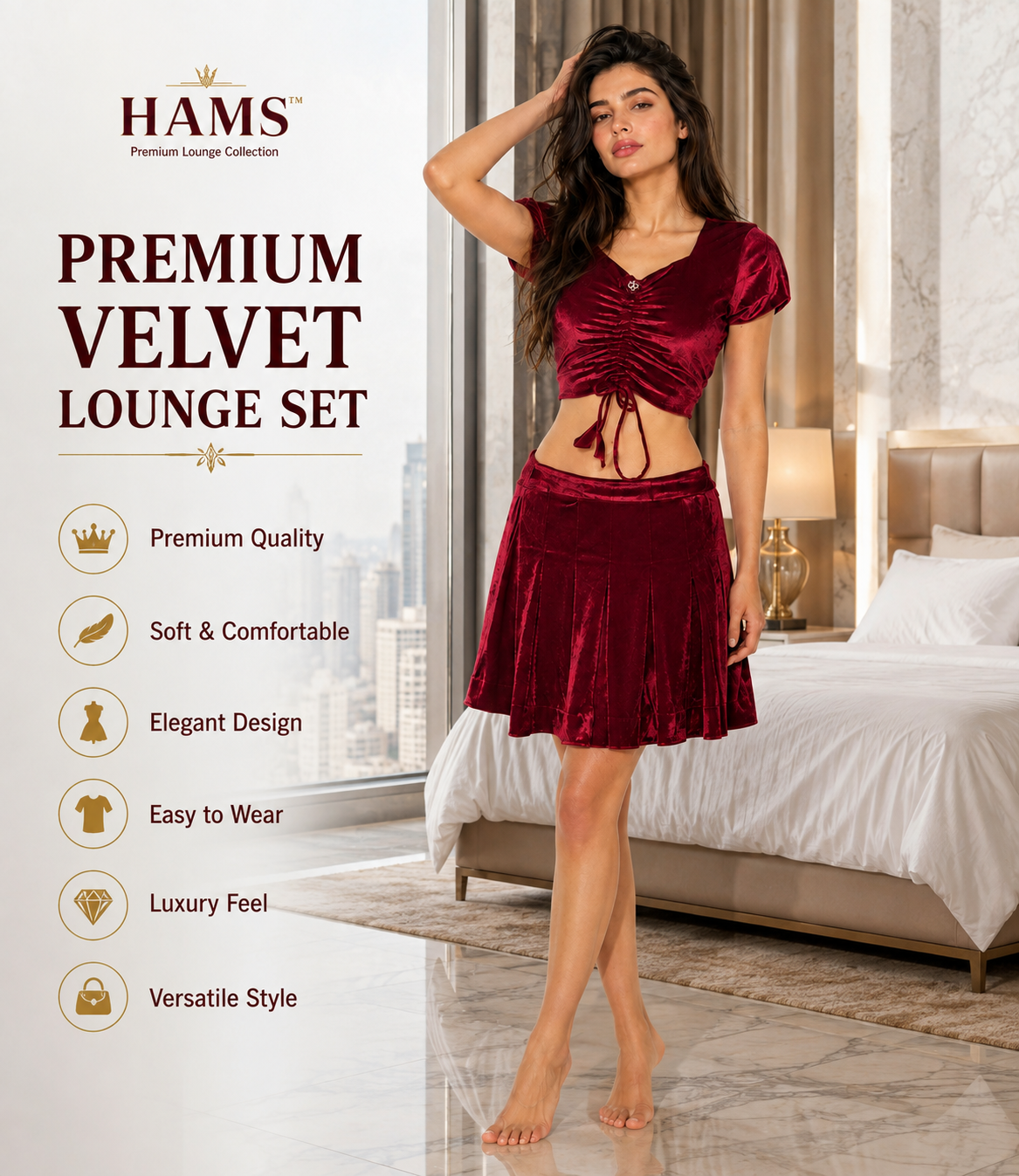 Women’s Velvet 2 Piece Outfit Set – Ruched Short Sleeve Crop Top with Drawstring Detail and Flared Skirt, Burgundy Matching Set for Party & Casual Wear