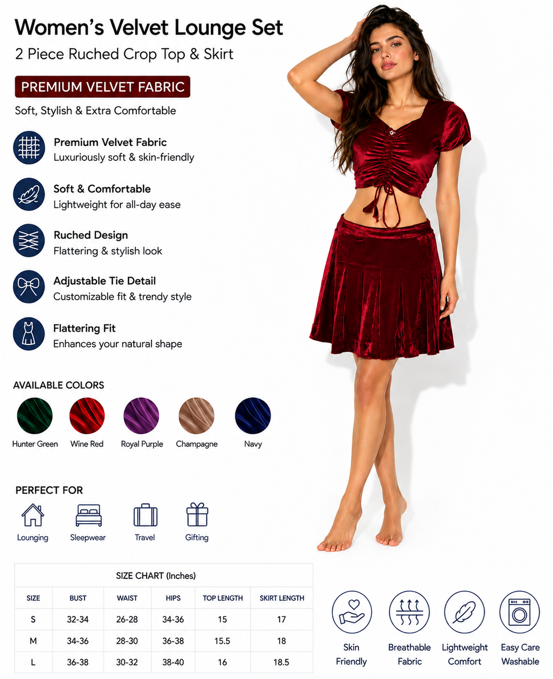 Women’s Velvet 2 Piece Outfit Set – Ruched Short Sleeve Crop Top with Drawstring Detail and Flared Skirt, Burgundy Matching Set for Party & Casual Wear