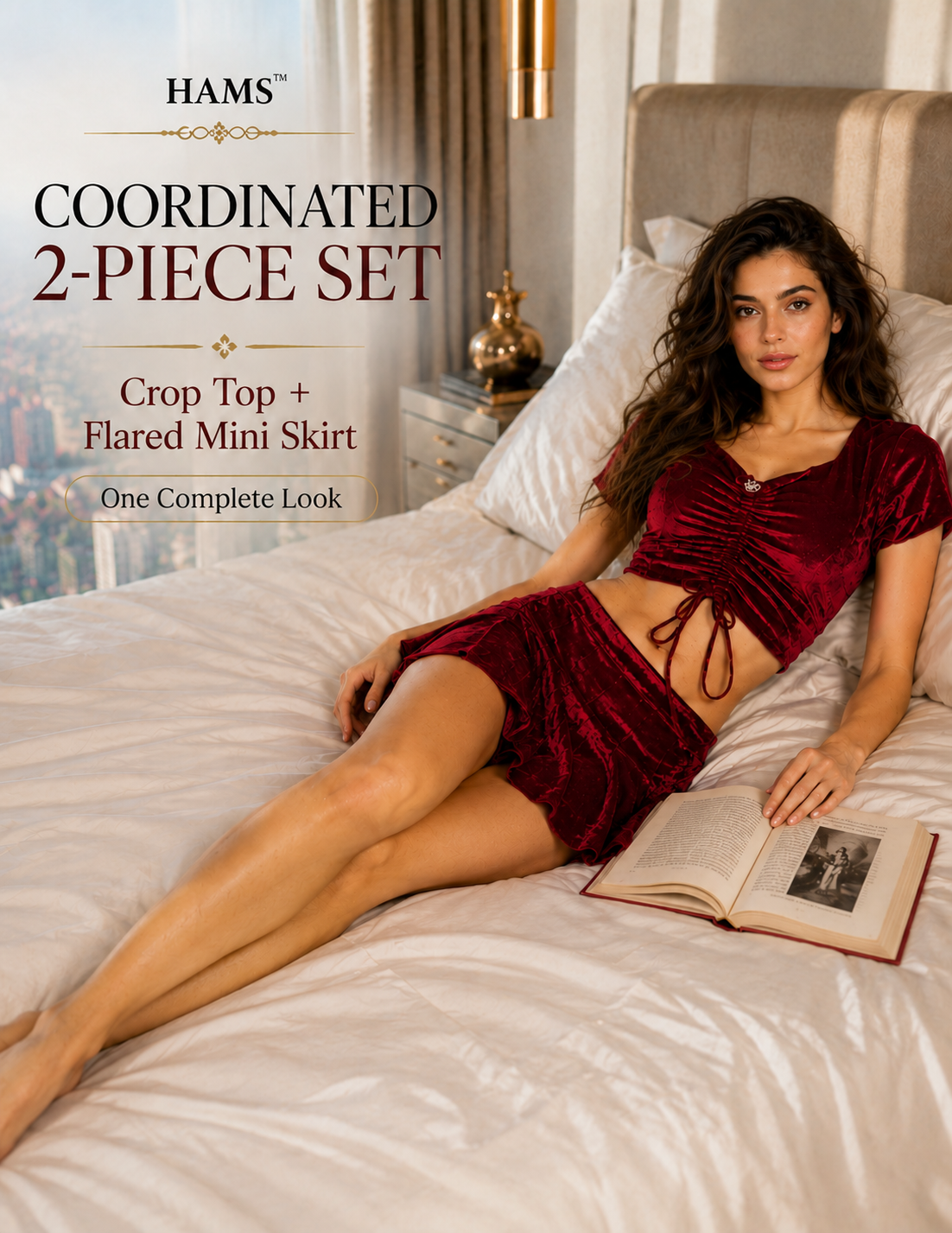 Women’s Velvet 2 Piece Outfit Set – Ruched Short Sleeve Crop Top with Drawstring Detail and Flared Skirt, Burgundy Matching Set for Party & Casual Wear