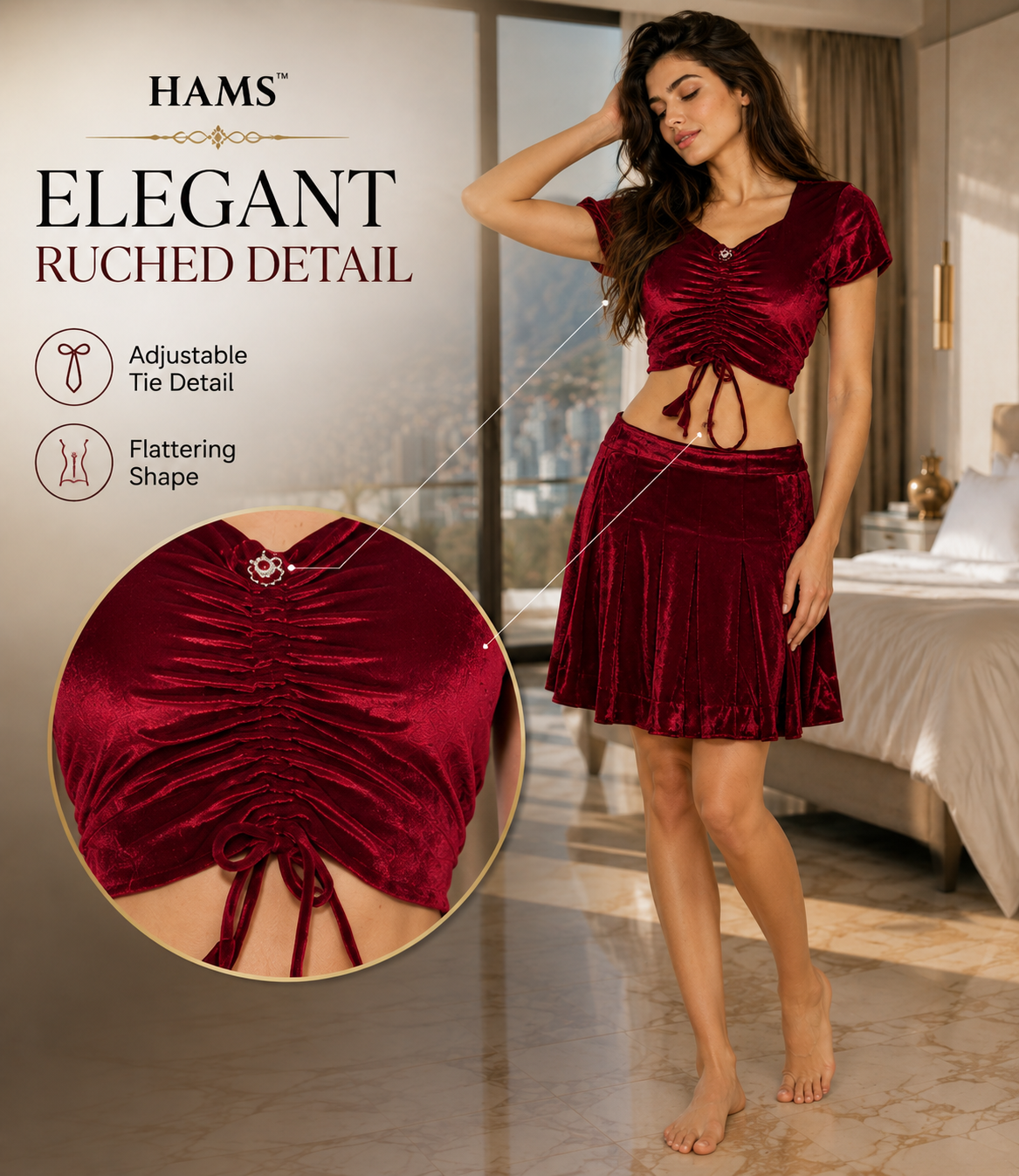 Women’s Velvet 2 Piece Outfit Set – Ruched Short Sleeve Crop Top with Drawstring Detail and Flared Skirt, Burgundy Matching Set for Party & Casual Wear