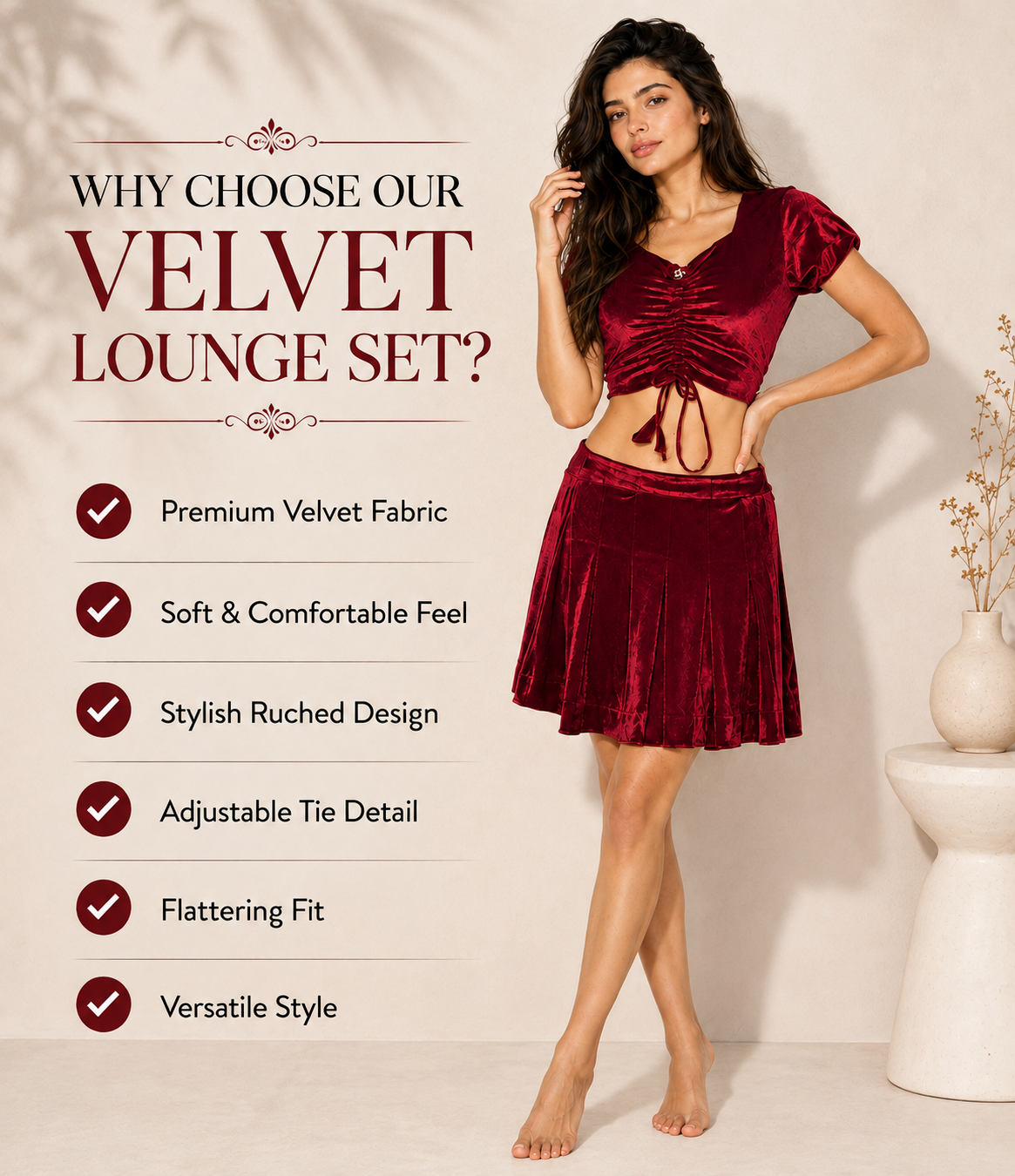 Women’s Velvet 2 Piece Outfit Set – Ruched Short Sleeve Crop Top with Drawstring Detail and Flared Skirt, Burgundy Matching Set for Party & Casual Wear