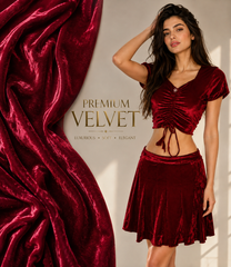 Women’s Velvet 2 Piece Outfit Set – Ruched Short Sleeve Crop Top with Drawstring Detail and Flared Skirt, Burgundy Matching Set for Party & Casual Wear