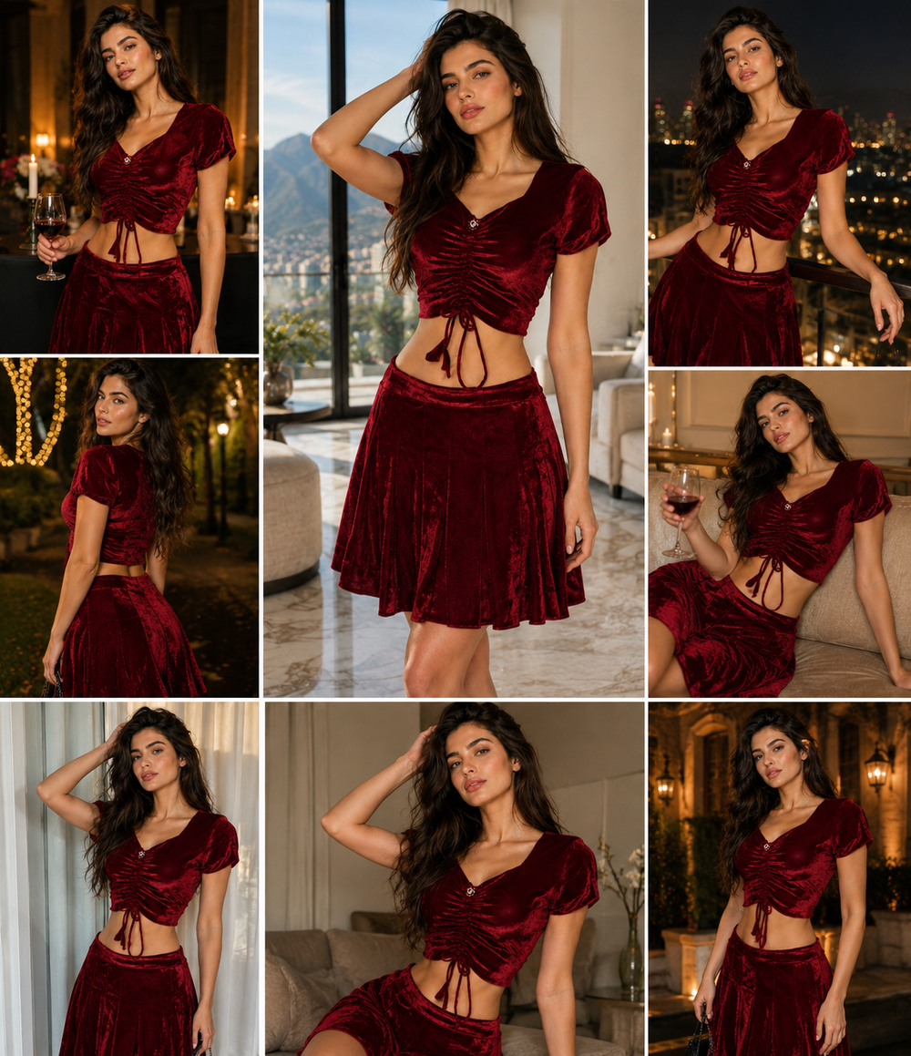 A 3x3 collage showing a woman modeling a matching two-piece outfit made of deep burgundy velvet. The set includes a short-sleeve crop top with a ruched wrap-style front and tie detail, paired with a matching pleated mini skirt.