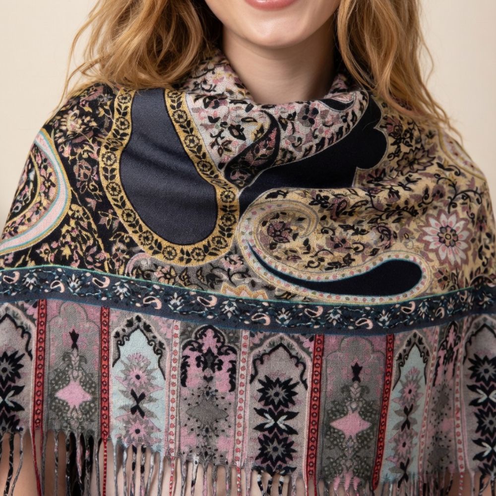 Premium Multicolor Paisley Wool Scarf for Women – Navy Blue, Pink & Beige Printed Winter Wrap with Fringes