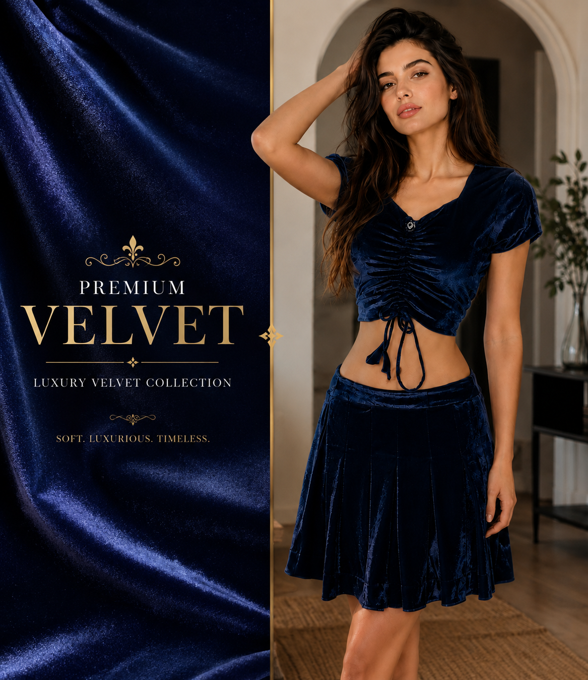 Women’s Luxury Velvet Two-Piece Outfit Set, Navy Blue Ruched Crop Top with Drawstring Detail & Matching Flared Mini Skirt, Elegant Fashion Lounge Set