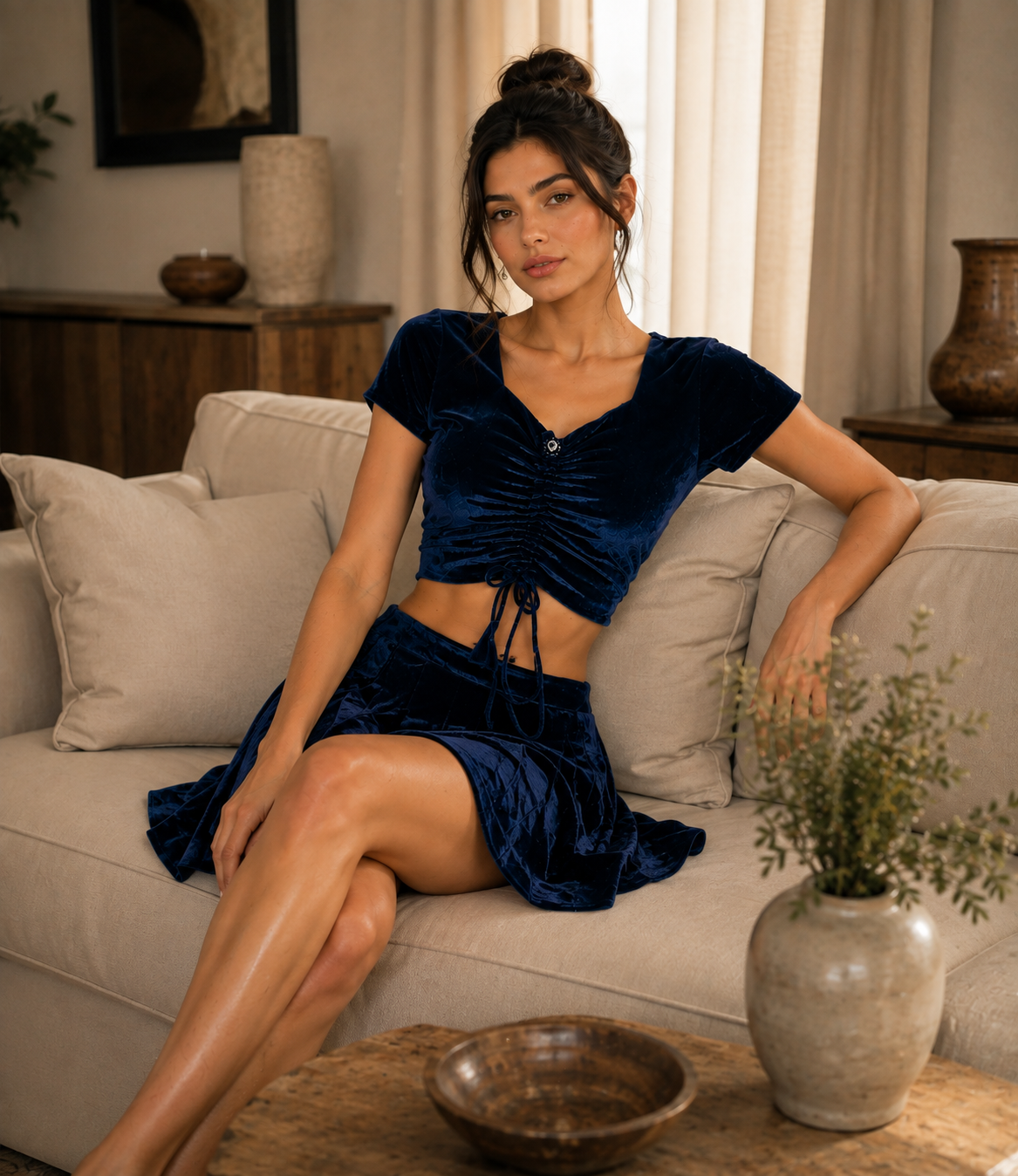 Women’s Luxury Velvet Two-Piece Outfit Set, Navy Blue Ruched Crop Top with Drawstring Detail & Matching Flared Mini Skirt, Elegant Fashion Lounge Set