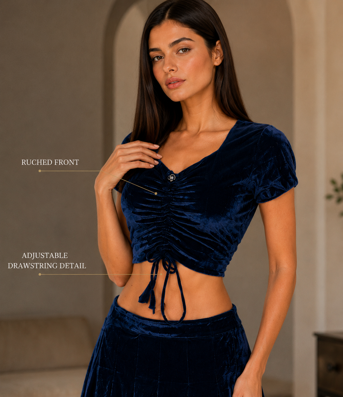 Women’s Luxury Velvet Two-Piece Outfit Set, Navy Blue Ruched Crop Top with Drawstring Detail & Matching Flared Mini Skirt, Elegant Fashion Lounge Set