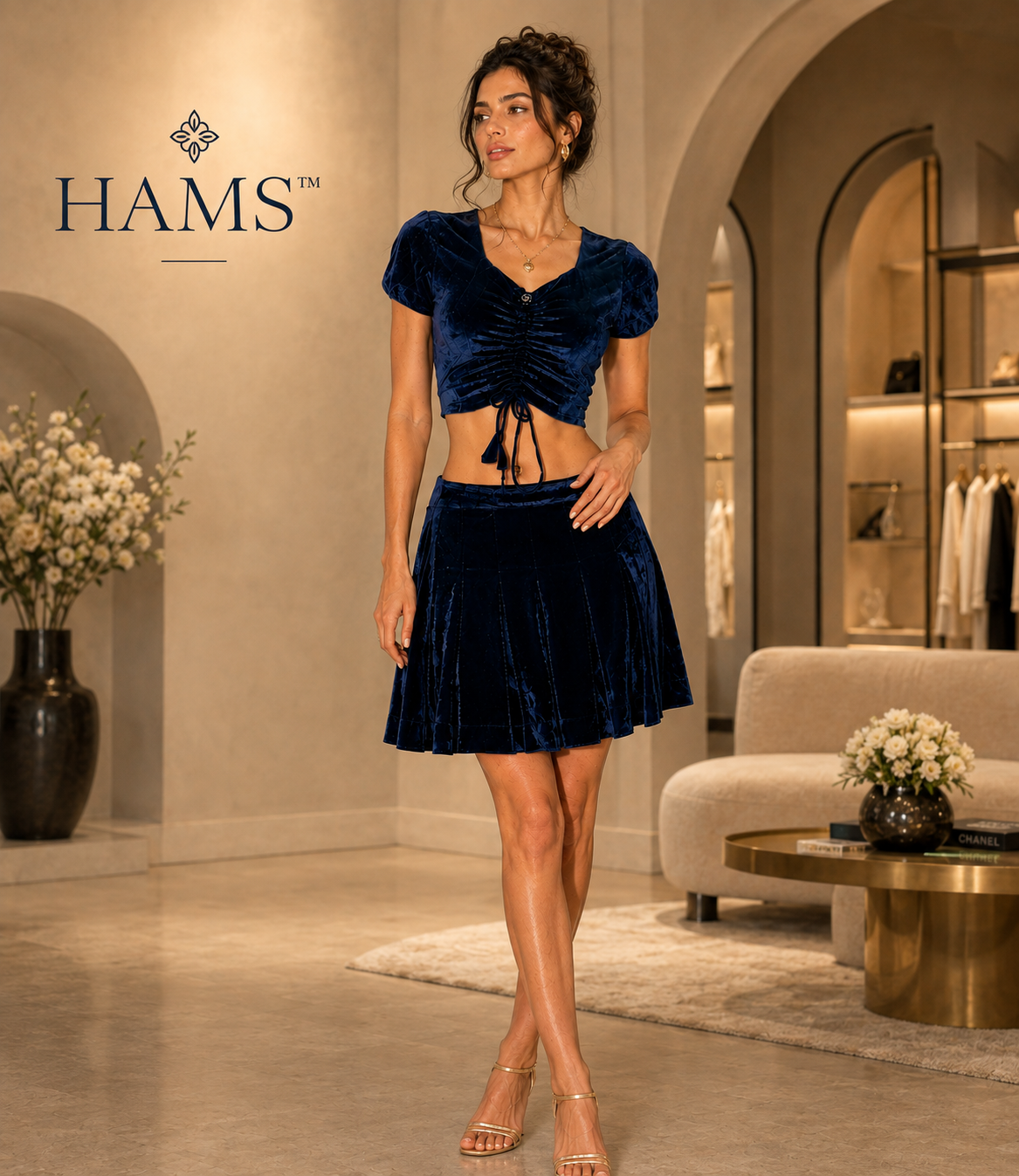 Women’s Luxury Velvet Two-Piece Outfit Set, Navy Blue Ruched Crop Top with Drawstring Detail & Matching Flared Mini Skirt, Elegant Fashion Lounge Set