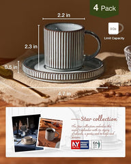 famiware Star Espresso Cups and Saucers Set of 4, [ Mini ] 3 oz Ceramic Small Coffee Mug with Handle, Ribbed Stoneware Demitasse Cup for Tea, Latte - Microwave & Dishwasher Safe - Smoky Blue