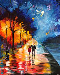 Romantic Rainy Walk – Colorful Impressionist Couple Painting | Digital Wall Art Printable | Modern Abstract Street Scene Decor