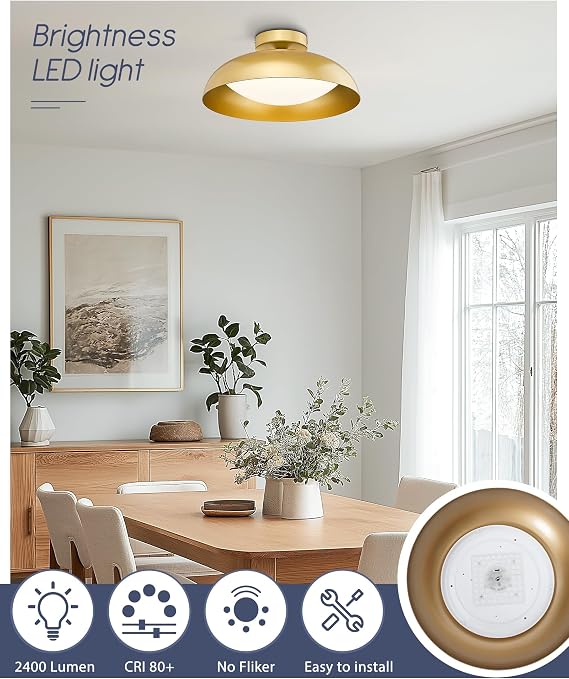 kudos Gold Flush Mount Ceiling Light 2-Pack, 16 Inch LED Light Fixtures, 24W/1300Lm Light Fixtures Ceiling Mount, 5CCT Adjustable,KDCL02-GD-2PK