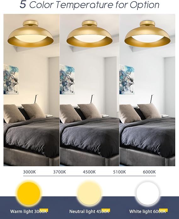 kudos Gold Flush Mount Ceiling Light 2-Pack, 16 Inch LED Light Fixtures, 24W/1300Lm Light Fixtures Ceiling Mount, 5CCT Adjustable,KDCL02-GD-2PK